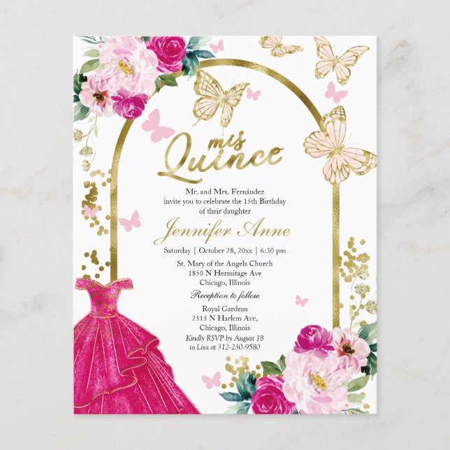 Butterfly Budget Quince Invitations Hot Pink Dress (Front)