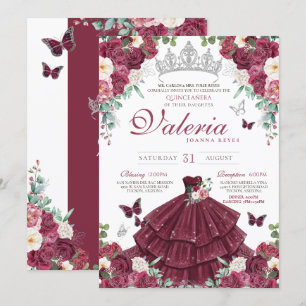Butterfly Burgundy Red Silver Floral Quinceañera Invitation