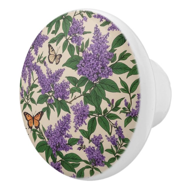 Butterfly bush purple flowers and butterflies ceramic knob (Right)
