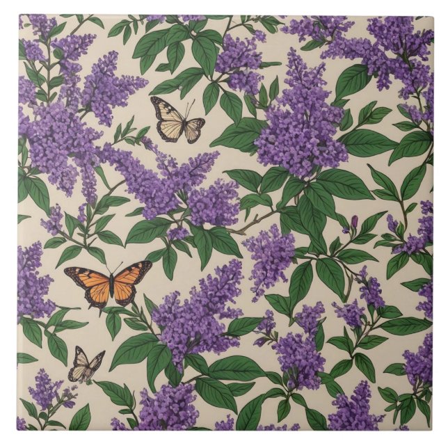 Butterfly bush purple flowers and butterflies ceramic tile (Front)
