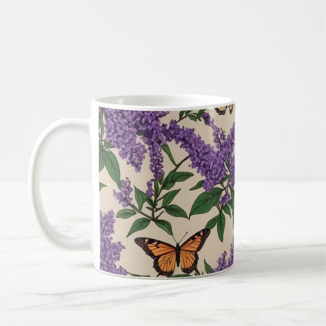 Butterfly bush purple flowers and butterflies coffee mug (Left)
