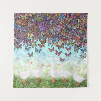 butterfly cascade and white geese tapestry