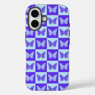 Butterfly Chequered Pattern in Blue and Purple iPhone 16 Case
