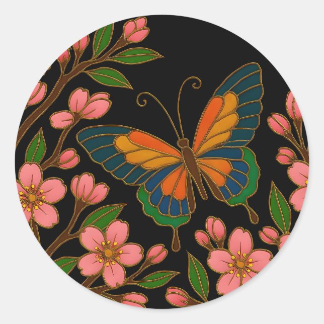Butterfly Cherry Blossom Moon Classic Round Sticker (Front)