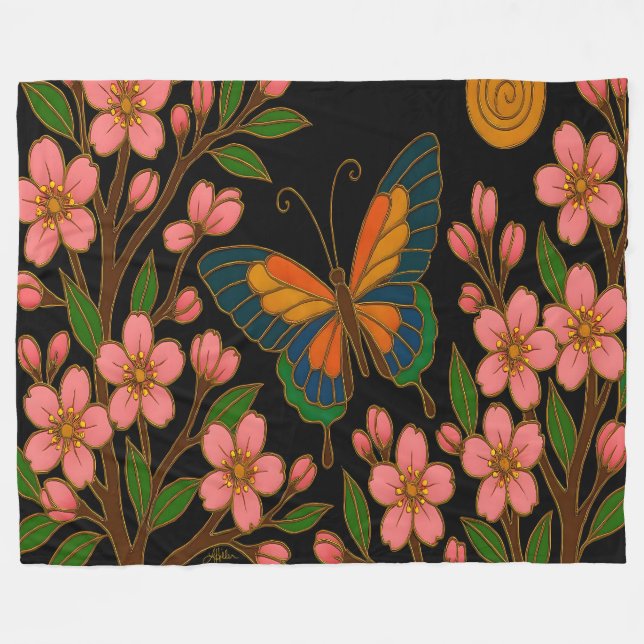 Butterfly Cherry Blossom Moon Fleece Blanket (Front (Horizontal))