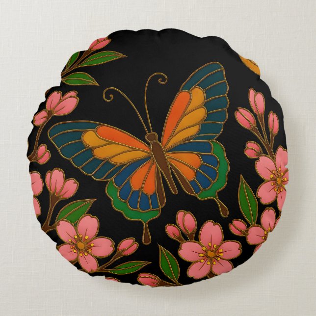 Butterfly Cherry Blossom Moon Round Cushion (Front)