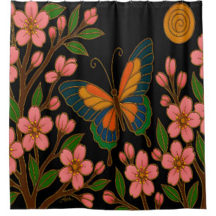 Butterfly Cherry Blossom Moon Shower Curtain