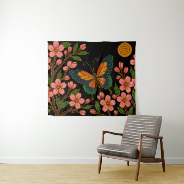 Butterfly Cherry Blossom Moon Tapestry (In Situ (Horizontal))