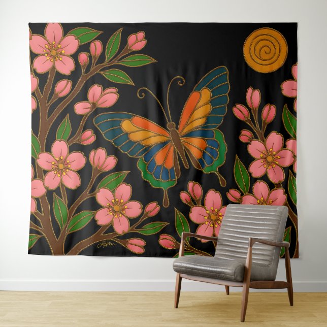 Butterfly Cherry Blossom Moon Tapestry (In Situ (Horizontal))