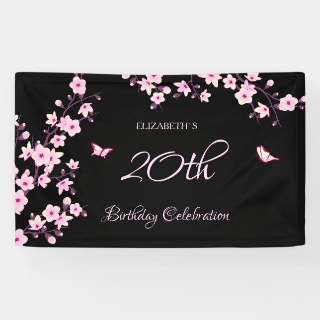 Butterfly Cherry Blossoms Pink Black Banner (Horizontal)