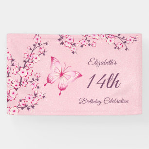 Butterfly Cherry Blossoms Pink Glitter  Banner