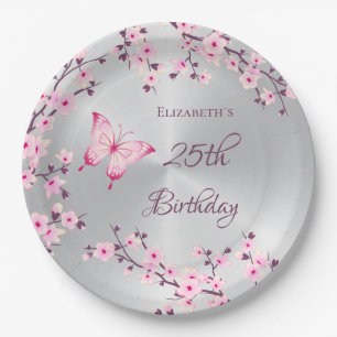 Butterfly Cherry Blossoms Pink Silver Paper Plates