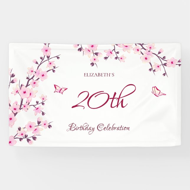 Butterfly Cherry Blossoms Pink White Banner (Horizontal)