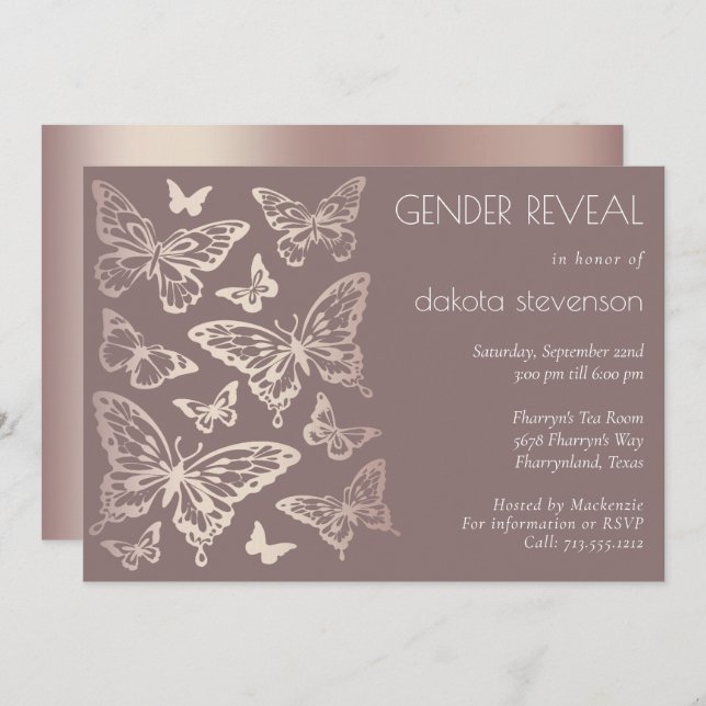 Butterfly Chic Gender Reveal | Copper Rose Gold Invitation (Front/Back)