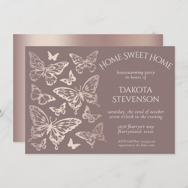 Butterfly Chic Housewarming | Copper Rose Gold Invitation (Front/Back)