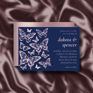 Butterfly Chic Wedding   Blush Pink and Navy Blue Invitation