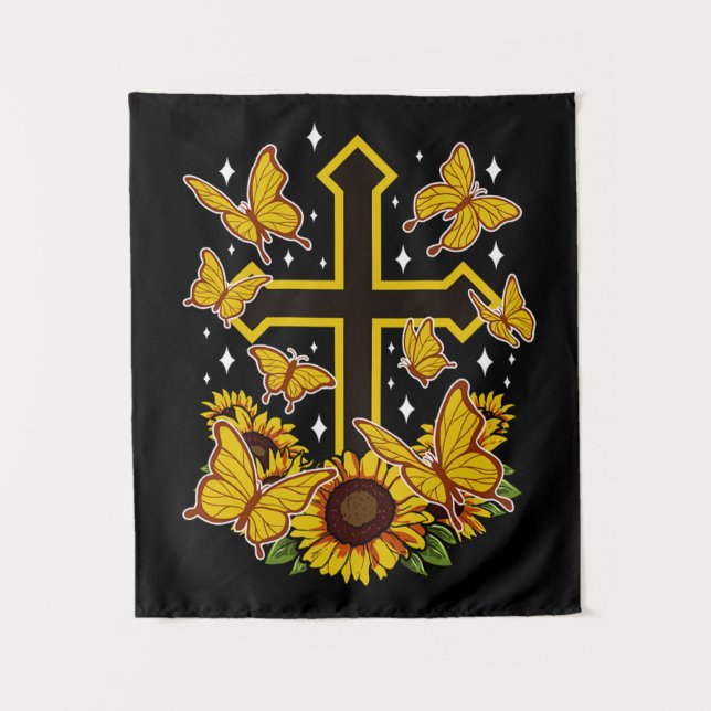 Butterfly Christian Cross Floral Sunflower Tapestry (Front)