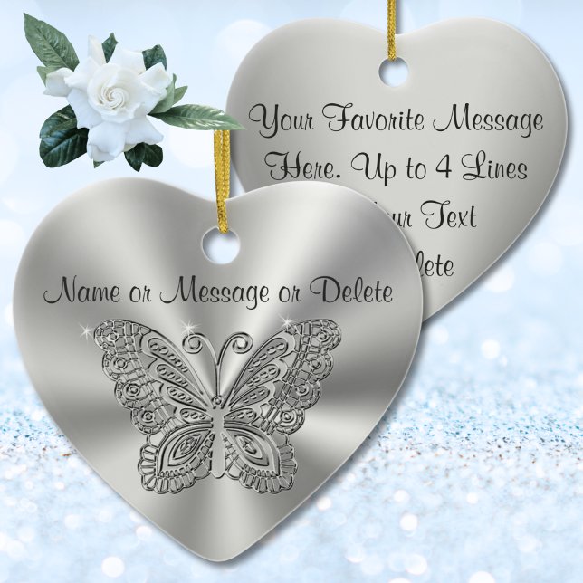 Butterfly Christmas Ornaments with 2 Text Boxes (Silver butterfly ornaments are special, memorial gift ideas. Inexpensive, butterfly ornaments bulk.)