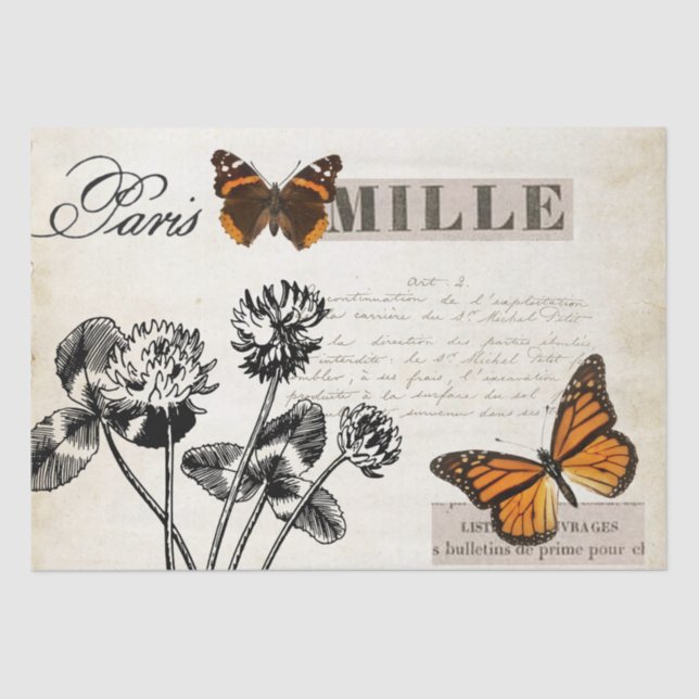 Butterfly Clover French Script Ephemera Decoupage  Tissue Paper (Front)