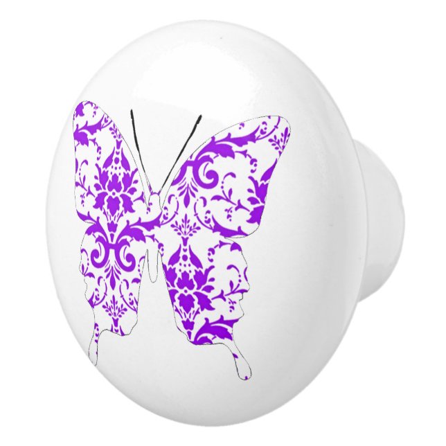 Butterfly Collage Purple Damask Ceramic Knob (Right)