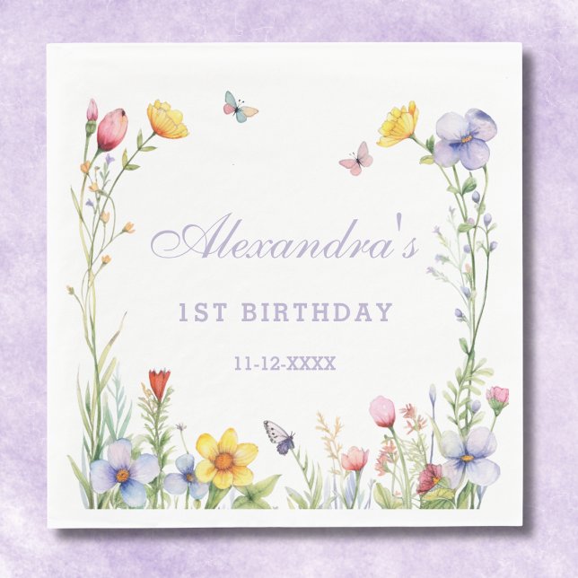 Butterfly Colourful Wildflower 1st Birthday Party  Napkin (Creator Uploaded)