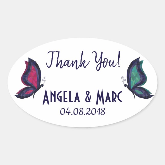 Butterfly couple wedding thank you name date oval sticker (Front)