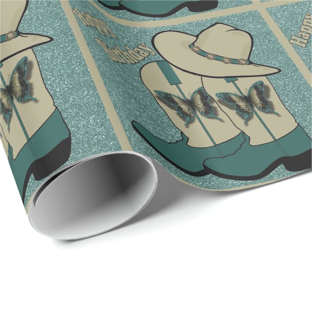Butterfly Cowboy Boots And Hat Happy Birthday Wrapping Paper (Roll Corner)