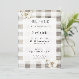 Butterfly Cream Plaid Stripes Birthday Invitation