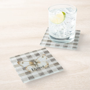 Butterfly Cream Plaid Stripes Glass Coaster
