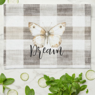 Butterfly Cream Plaid Stripes Tea Towel