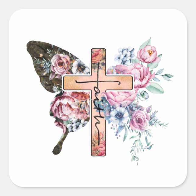 Butterfly Cross Faith floral Square Sticker (Front)