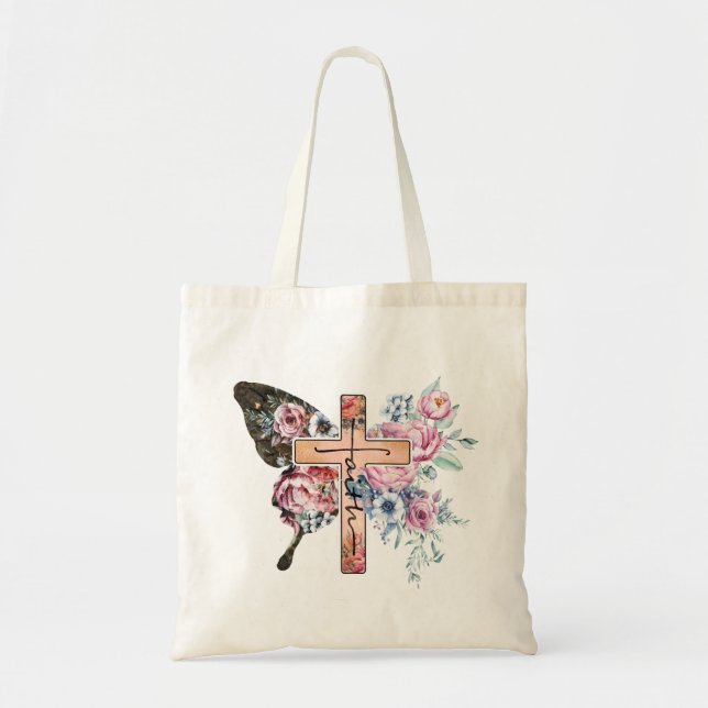 Butterfly Cross Faith floral Tote Bag (Front)