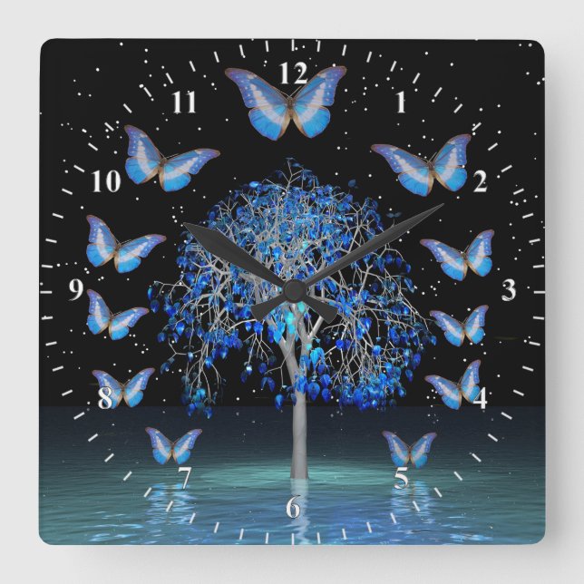 Butterfly Crystal Tree Square Wall Clock (Front)