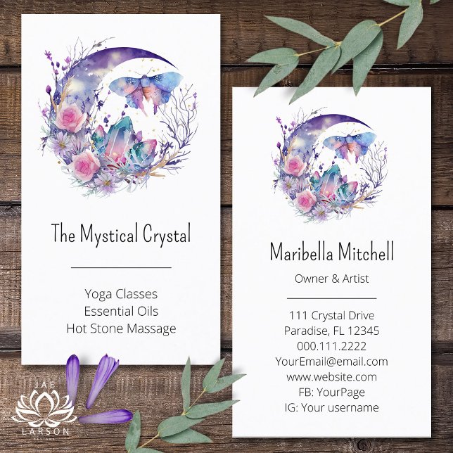 Butterfly Crystals Crescent Moon Flowers Purple Business Card (Creator Uploaded)