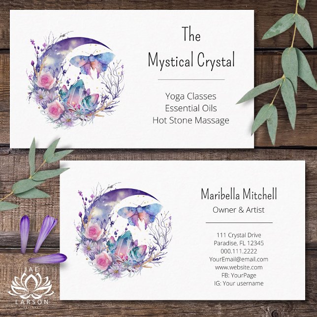 Butterfly Crystals Crescent Moon Flowers Purple Business Card (Creator Uploaded)