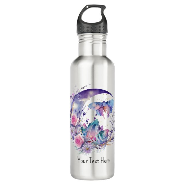 Butterfly Crystals Crescent Moon Flowers Spiritual 710 Ml Water Bottle (Front)