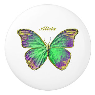 Butterfly Custom Name Emerald Purple Ceramic Knob