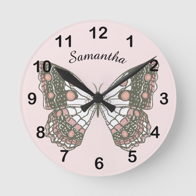 Butterfly & Custom Name on Soft Pink Round Clock (Front)