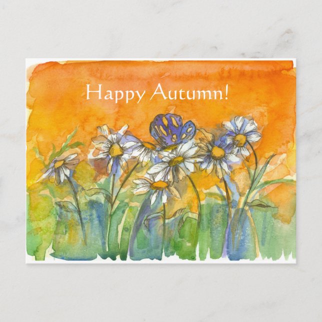Butterfly Daisy Watercolor Flowers Happy Autumn Postcard (Front)