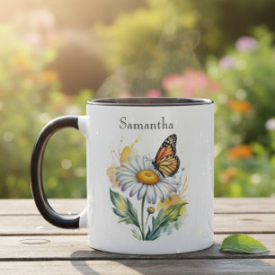 Butterfly Daisy Watercolor Yellow Mug