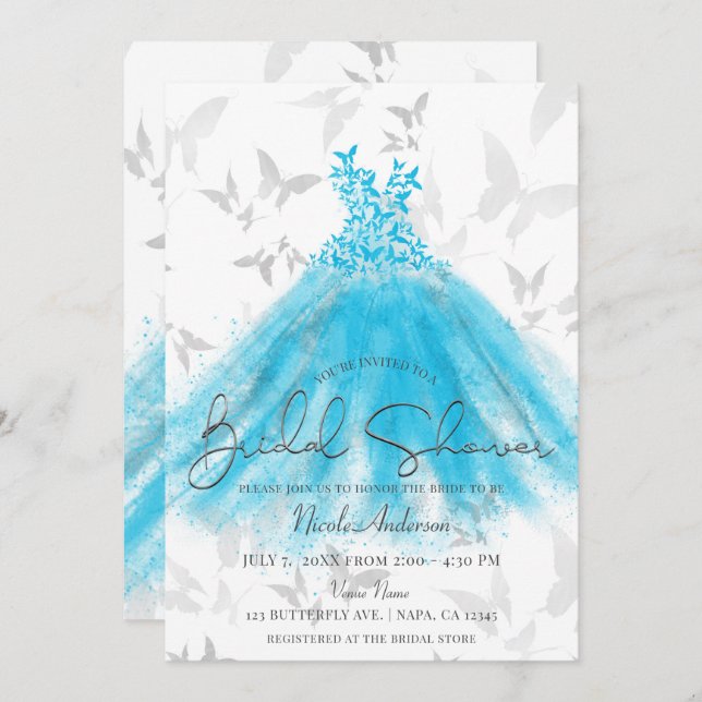 Butterfly Dance Aqua Blue Dress Bridal Shower Invitation (Front/Back)