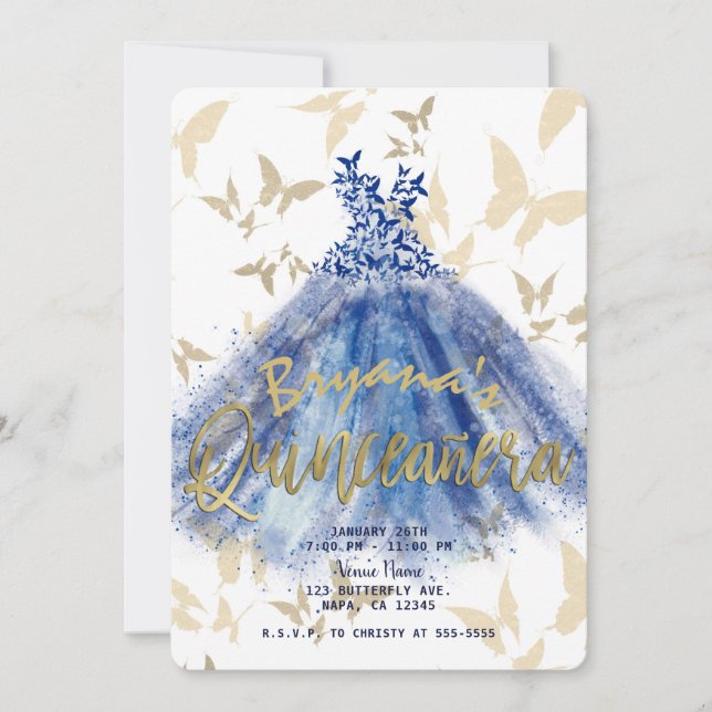 Butterfly Dance Blue Dress Gold Quinceañera 15 Invitation (Front)