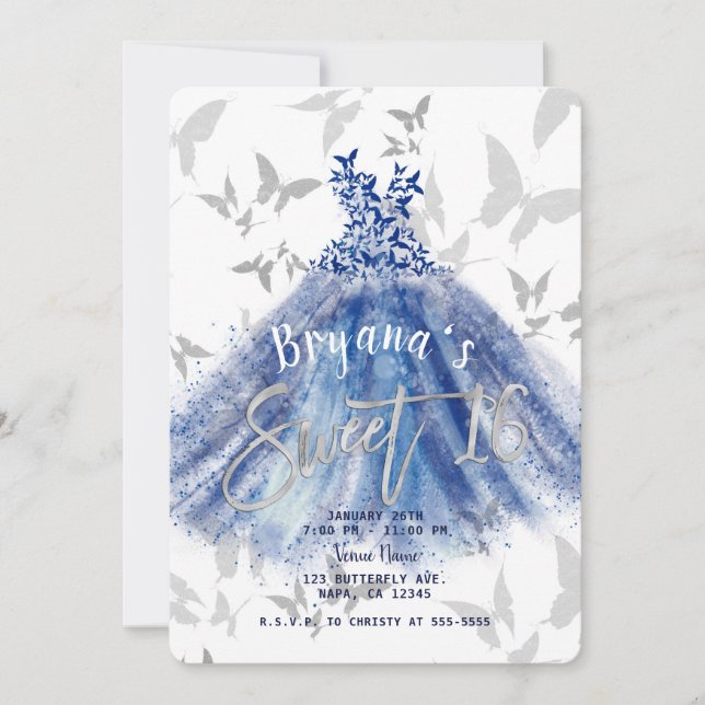 Butterfly Dance Blue Dress Silver Sweet 16  Invitation (Front)