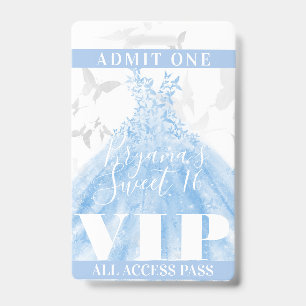 Butterfly Dance Blue Silver Sweet 16 VIP Pass ID Badge