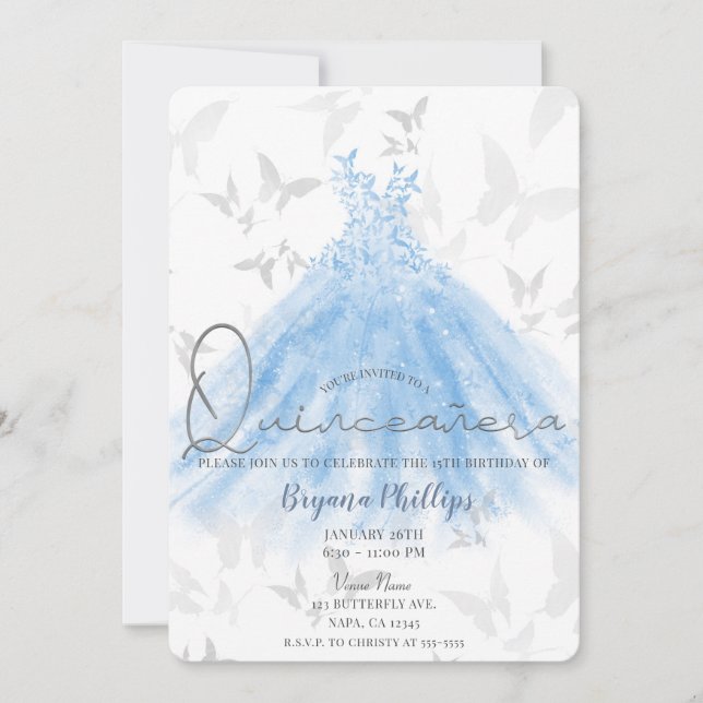 Butterfly Dance Blue Sparkle Dress Quinceañera 15 Invitation (Front)