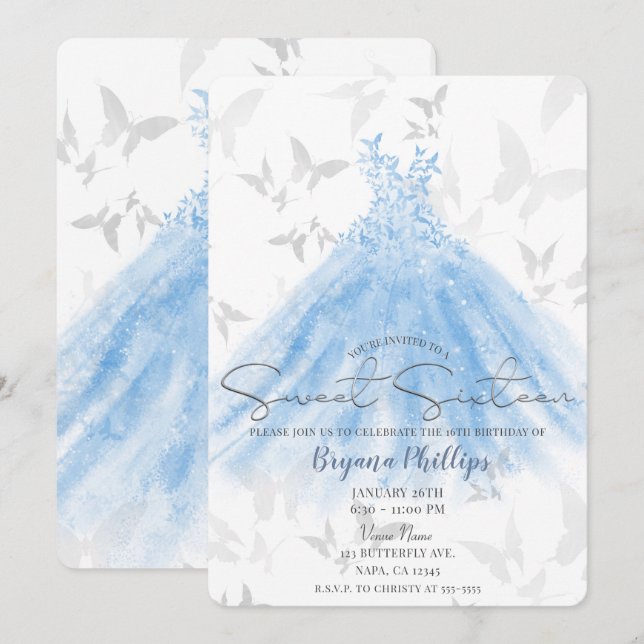 Butterfly Dance Blue Sparkle Dress Sweet 16 Party Invitation (Front/Back)