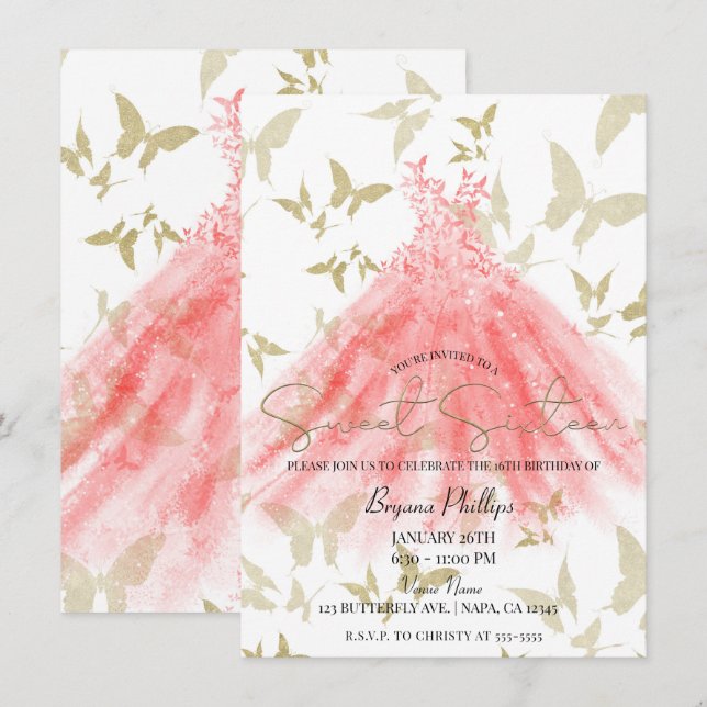 Butterfly Dance Coral Dress Gold Sweet 16 Party Invitation (Front/Back)
