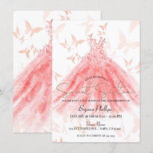 Butterfly Dance Coral Dress Gold Sweet 16 Party Invitation