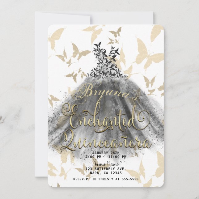 Butterfly Dance Dress Black Gold Quinceañera 15 Invitation (Front)