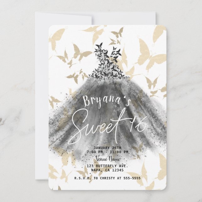 Butterfly Dance Dress Black & Gold Sweet 16  Invitation (Front)